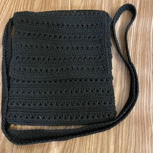 Black Crochet like After 5 black Zippered shoulder bag with a Overlap flap